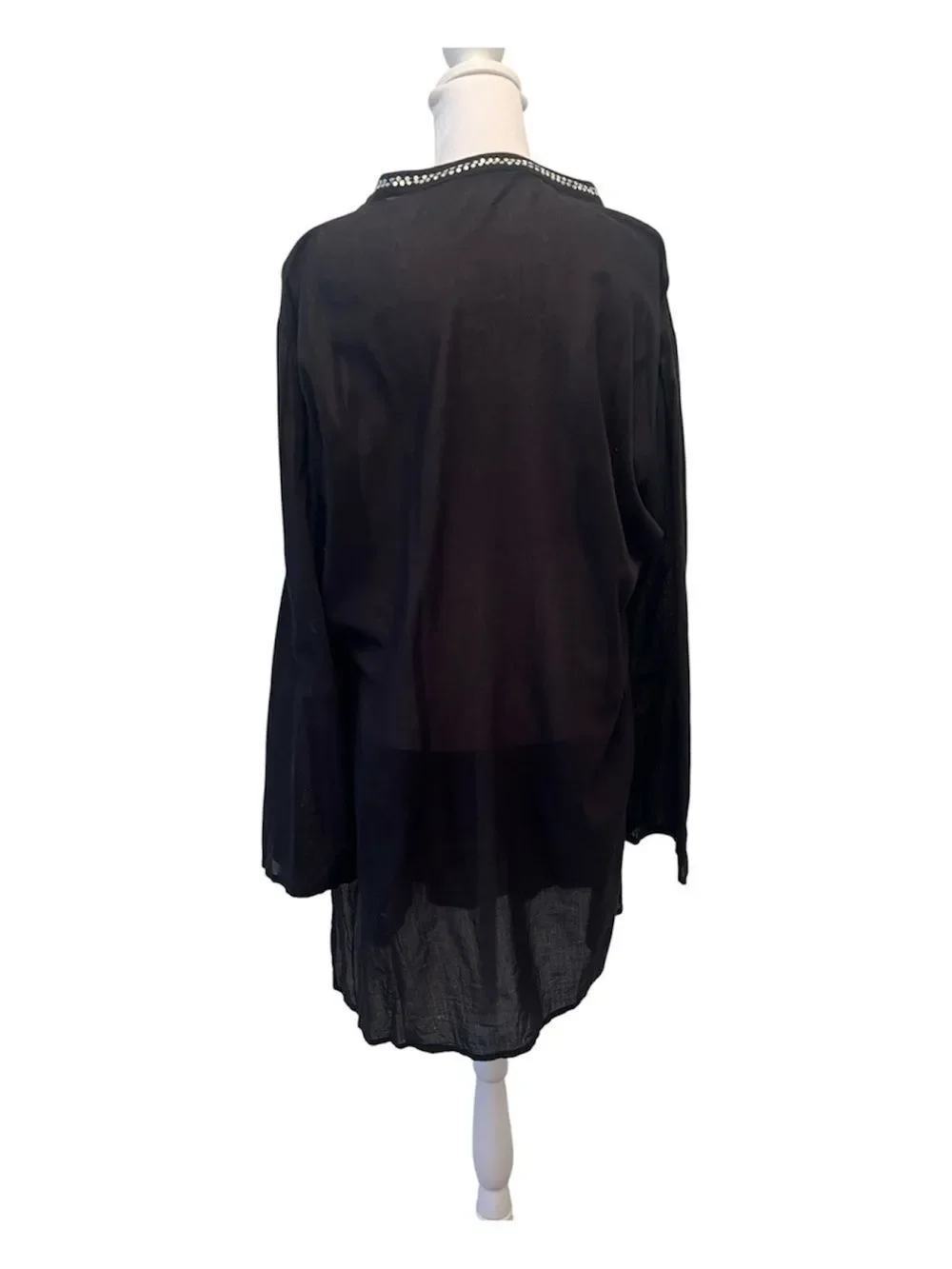 OSFM Sheer Black Long Sleeve Tunic Swim Coverup with Sequins an Side Slits EUC